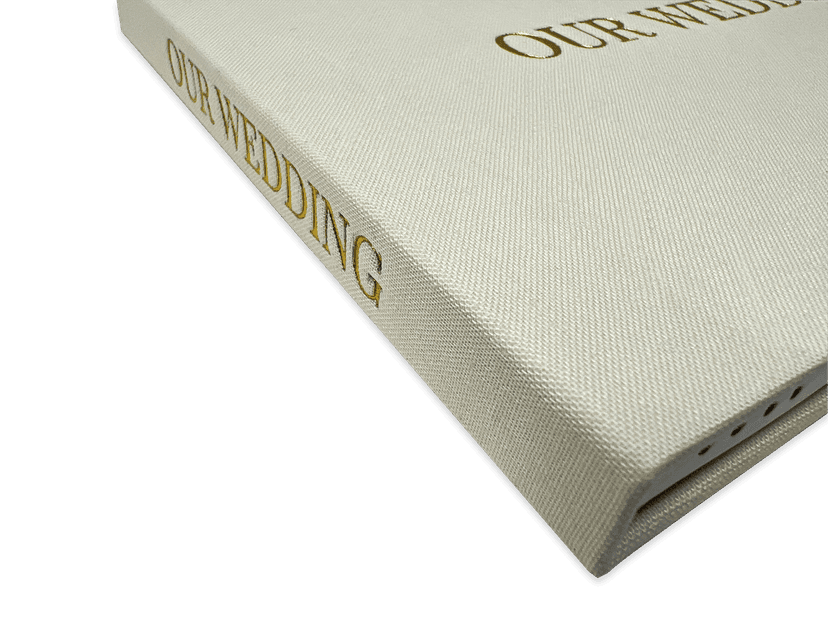 Closed linen video book with gold foil lettering